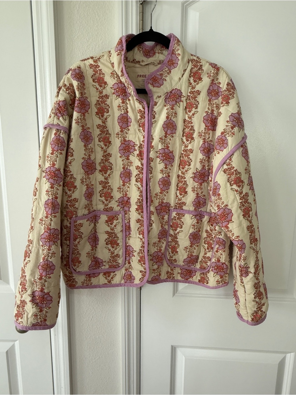 Free People Cream Quilted Jacket with Pink Floral Trim